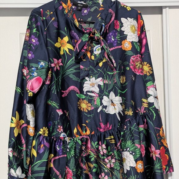 Ellos Size 12 Silky Floral Dress Shirt Tie Neck Collar Peplum - Picture 1 of 6